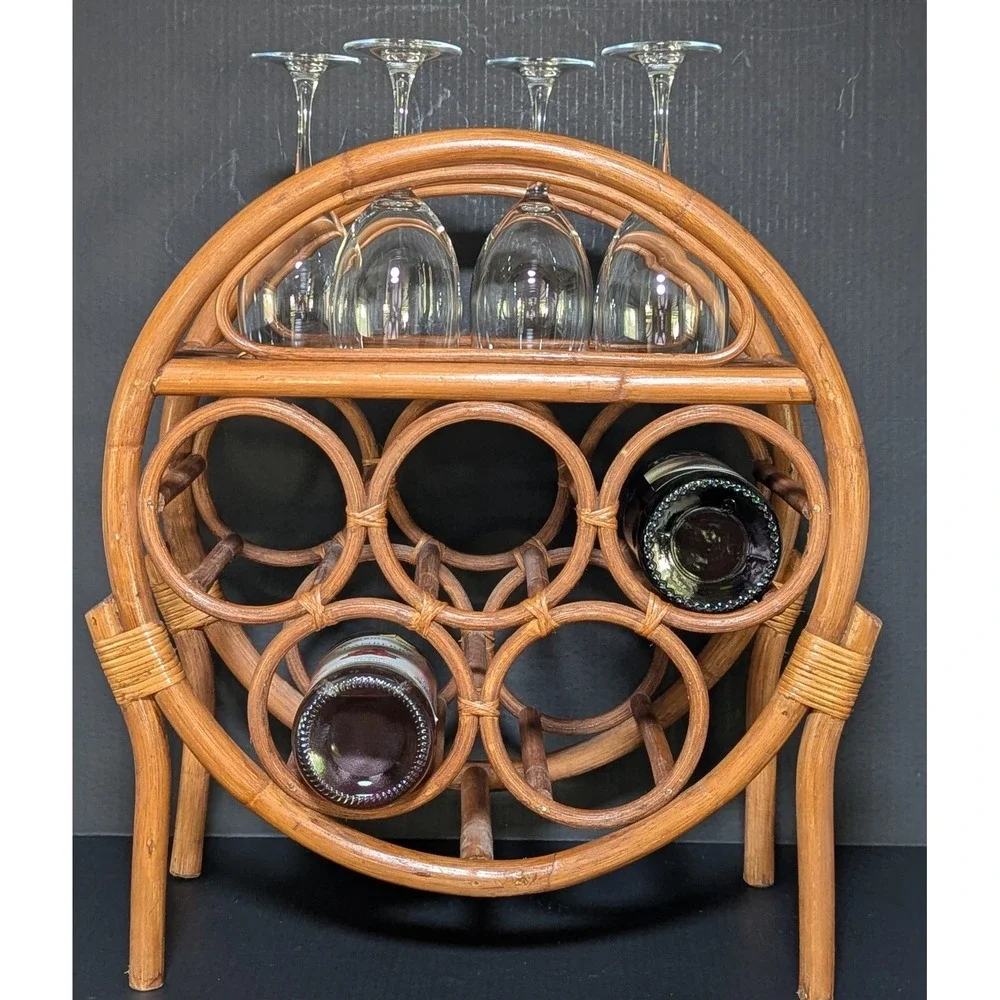 Vintage Bent-Rattan/Bamboo Six Bottle Tabletop Wine Rack With Shelf for Glasses